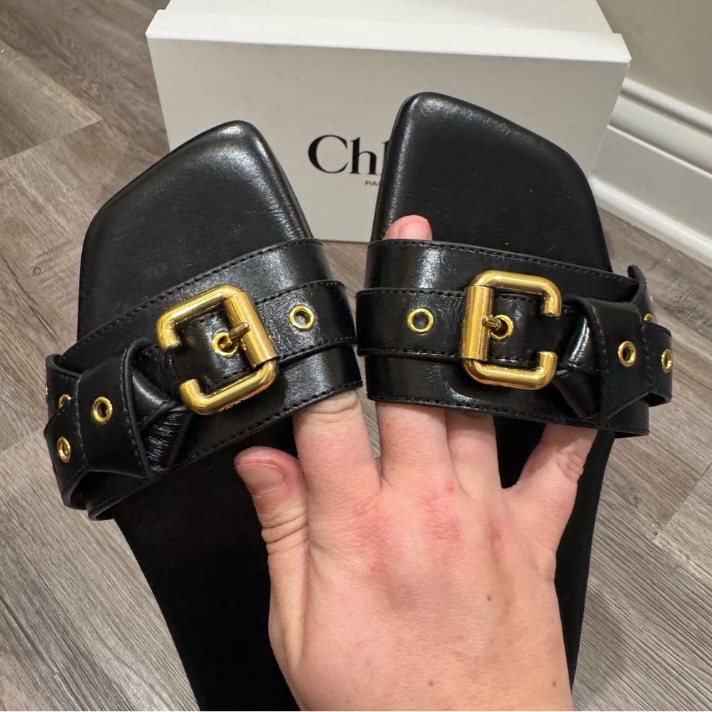 Chloe Mae Black Leather Buckle Slide Sandals - Picture 4 of 10